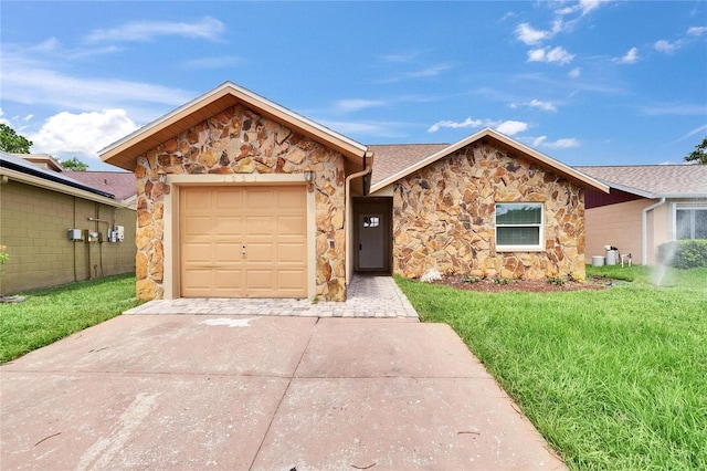 1331 Coolmont Dr, Brandon, FL 33511 - view of front of home featuring stone siding, driveway, an attached garage, and a front yard