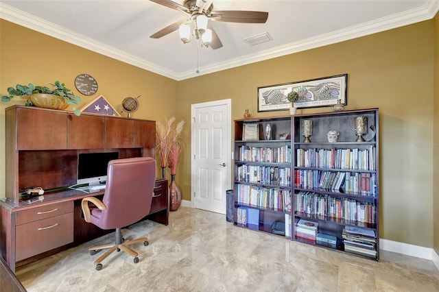 5518 Luminar Pointe Ln, Apollo Beach, FL 33572 - home office with ceiling fan and crown molding