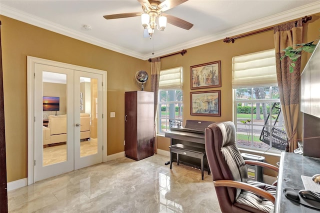 5518 Luminar Pointe Ln, Apollo Beach, FL 33572 - office featuring french doors, healthy amount of natural light, crown molding, a ceiling fan, and marble tiled flooring