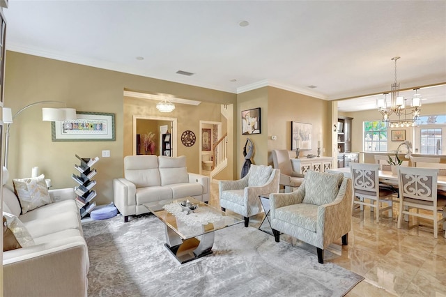 5518 Luminar Pointe Ln, Apollo Beach, FL 33572 - living room with a chandelier, stairway, ornamental molding, and light marble finish flooring