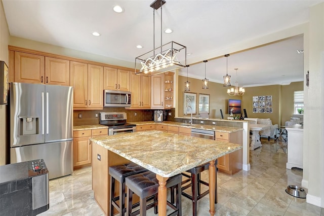 5518 Luminar Pointe Ln, Apollo Beach, FL 33572 - kitchen featuring stainless steel appliances, a peninsula, a chandelier, open shelves, and light stone countertops