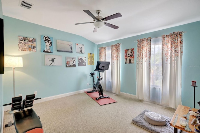 5518 Luminar Pointe Ln, Apollo Beach, FL 33572 - workout area featuring ceiling fan, carpet floors, and vaulted ceiling