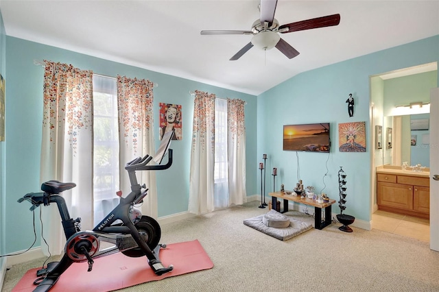 5518 Luminar Pointe Ln, Apollo Beach, FL 33572 - workout area featuring plenty of natural light, lofted ceiling, ceiling fan, and light colored carpet