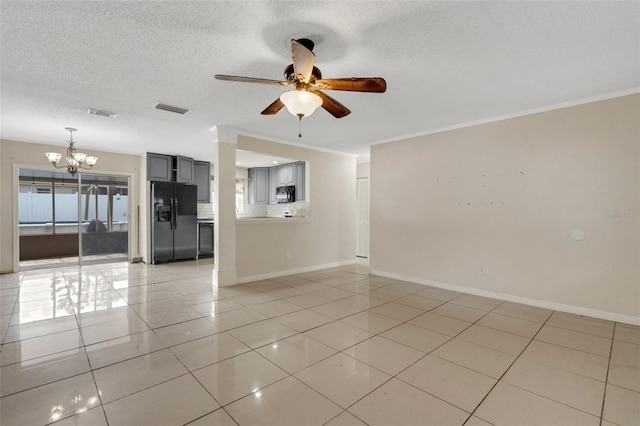 915 S Miller Rd, Valrico, FL 33594 - empty room featuring a chandelier, ceiling fan, a textured ceiling, light tile patterned flooring, and crown molding