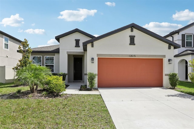 13515 Palmera Vista Dr, Riverview, FL 33579 - view of front of home with stucco siding, an attached garage, concrete driveway, and a front lawn