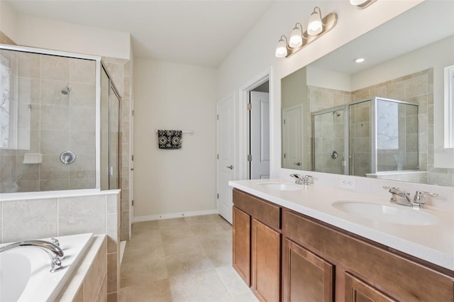 13515 Palmera Vista Dr, Riverview, FL 33579 - full bathroom with a garden tub, a shower stall, double vanity, and tile patterned floors