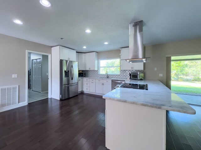 4404 Hickory Branch Ct, Brandon, FL 33511 - kitchen with appliances with stainless steel finishes, island exhaust hood, a peninsula, dark wood-type flooring, and recessed lighting