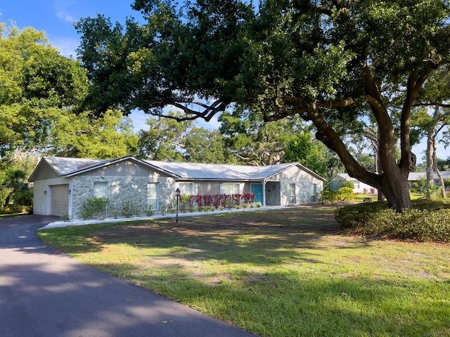 4404 Hickory Branch Ct, Brandon, FL 33511 - ranch-style house featuring stone siding, a front lawn, an attached garage, and asphalt driveway