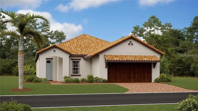 17140 Holly Well Ave, Wimauma, FL 33598 - mediterranean / spanish house with an attached garage, stucco siding, a tiled roof, a front lawn, and driveway