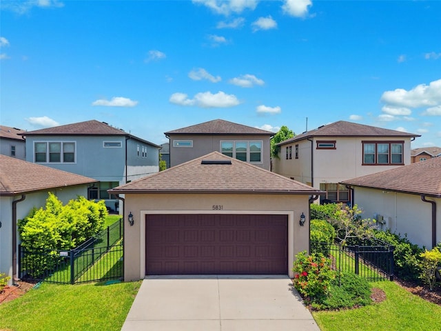 5831 Caldera Ridge Dr, Lithia, FL 33547 - traditional home featuring a residential view, a shingled roof, concrete driveway, and stucco siding