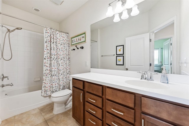 5831 Caldera Ridge Dr, Lithia, FL 33547 - full bathroom with vanity, shower / bath combo with shower curtain, tile patterned flooring, and a chandelier