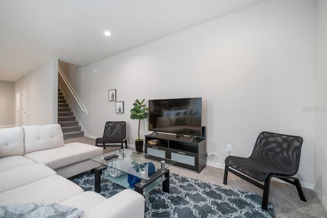 1218 Grantham Dr, Sarasota, FL 34234 - living room featuring stairs, carpet, and recessed lighting