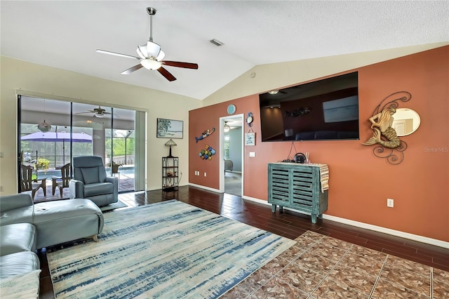 10721 N Ocean Dr, Dunnellon, FL 34434 - living room with ceiling fan, vaulted ceiling, and wood finish floors