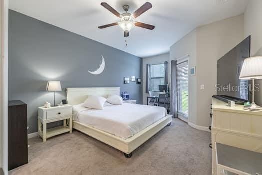 28504 Tranquil Lake Cir, Wesley Chapel, FL 33543 - carpeted bedroom with baseboards and ceiling fan