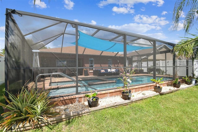 31244 Baclan Dr, Wesley Chapel, FL 33545 - view of swimming pool featuring a patio, glass enclosure, and a pool with connected hot tub