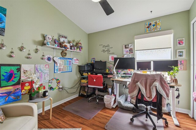 31244 Baclan Dr, Wesley Chapel, FL 33545 - office with wood finished floors, a ceiling fan, and lofted ceiling