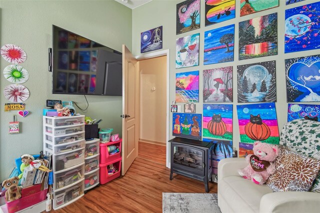 31244 Baclan Dr, Wesley Chapel, FL 33545 - recreation room featuring a wood stove and wood finished floors