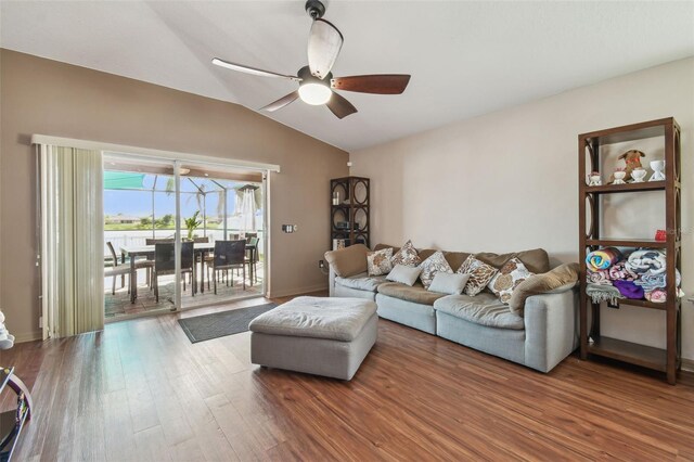 31244 Baclan Dr, Wesley Chapel, FL 33545 - living area featuring a ceiling fan, lofted ceiling, and wood finished floors