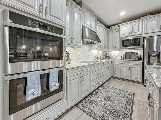 33668 Willow Point Ct, Wesley Chapel, FL 33545 - kitchen with stainless steel appliances, under cabinet range hood, decorative backsplash, light wood-style floors, and light stone counters