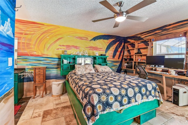 1910 Montego Ct, Oldsmar, FL 34677 - bedroom with a textured ceiling, stone tile floors, a desk, and ceiling fan