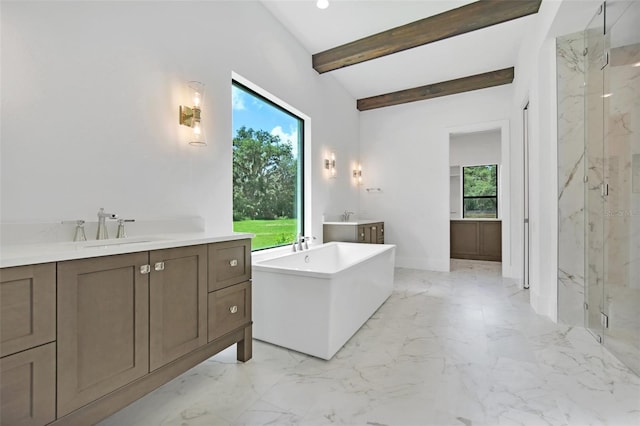 937 Old Welcome Rd, Lithia, FL 33547 - bathroom featuring a marble finish shower, vanity, a freestanding bath, marble tiled flooring, and beam ceiling