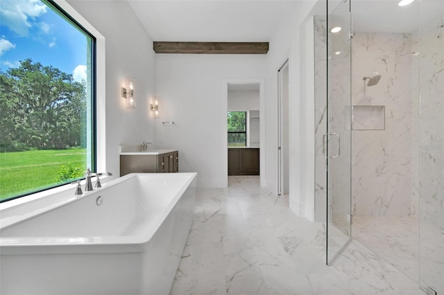 937 Old Welcome Rd, Lithia, FL 33547 - bathroom featuring a marble finish shower, marble tiled flooring, a soaking tub, vanity, and beam ceiling