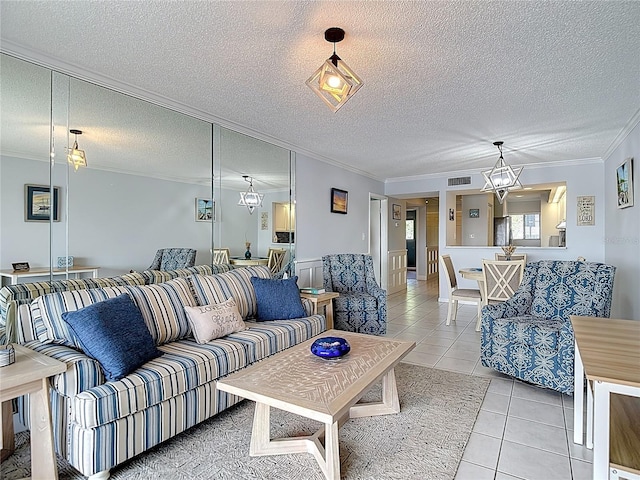 809 Bahia Del Sol Dr Unit 72, Ruskin, FL 33570 - living area with crown molding, light tile patterned floors, a chandelier, and a textured ceiling