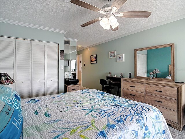 809 Bahia Del Sol Dr Unit 72, Ruskin, FL 33570 - carpeted bedroom with a textured ceiling, ornamental molding, a closet, and ceiling fan
