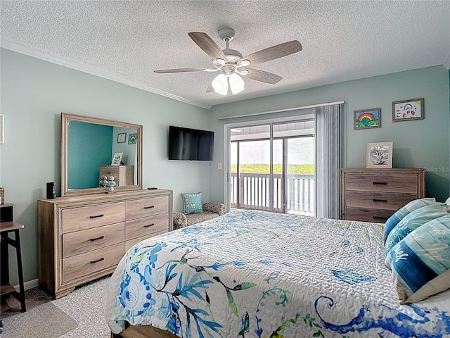 809 Bahia Del Sol Dr Unit 72, Ruskin, FL 33570 - bedroom with access to exterior, light carpet, a textured ceiling, a ceiling fan, and crown molding