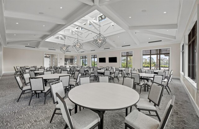 14317 Eagle Branch Dr, Nokomis, FL 34275 - dining room featuring coffered ceiling, beamed ceiling, and recessed lighting