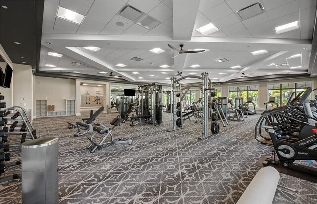 14317 Eagle Branch Dr, Nokomis, FL 34275 - exercise room featuring carpet floors and a ceiling fan