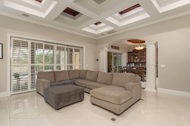 11430 Trotting Down Dr, Odessa, FL 33556 - living area featuring decorative columns, arched walkways, coffered ceiling, ornamental molding, and beam ceiling