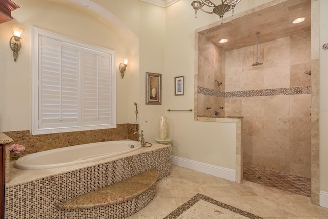 11430 Trotting Down Dr, Odessa, FL 33556 - full bath featuring a bath, walk in shower, inlaid floor details, and recessed lighting
