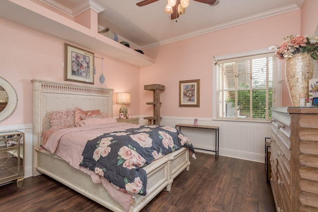 11430 Trotting Down Dr, Odessa, FL 33556 - bedroom with wainscoting, crown molding, wood finished floors, and a ceiling fan