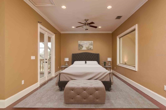 11430 Trotting Down Dr, Odessa, FL 33556 - bedroom featuring recessed lighting, ornamental molding, access to exterior, and a ceiling fan
