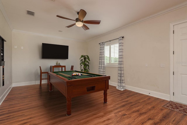 11430 Trotting Down Dr, Odessa, FL 33556 - recreation room with ornamental molding, ceiling fan, wood finished floors, and billiards