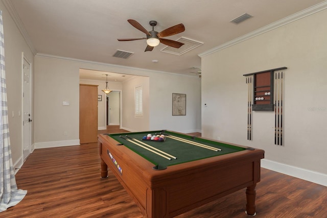 11430 Trotting Down Dr, Odessa, FL 33556 - recreation room featuring billiards table, crown molding, wood finished floors, and a ceiling fan