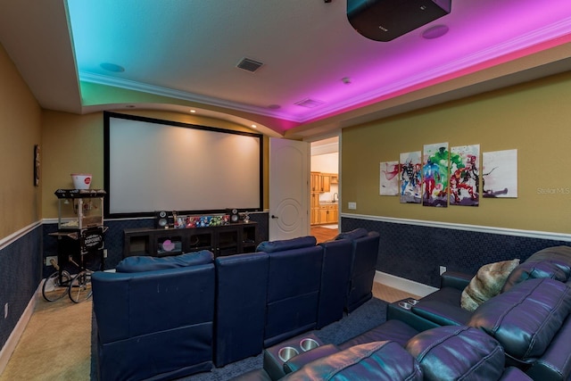 11430 Trotting Down Dr, Odessa, FL 33556 - home theater with a wainscoted wall, carpet, and crown molding