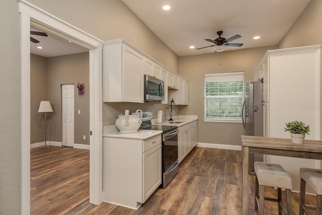 11430 Trotting Down Dr, Odessa, FL 33556 - kitchen with stainless steel appliances, a ceiling fan, dark wood-style floors, and recessed lighting