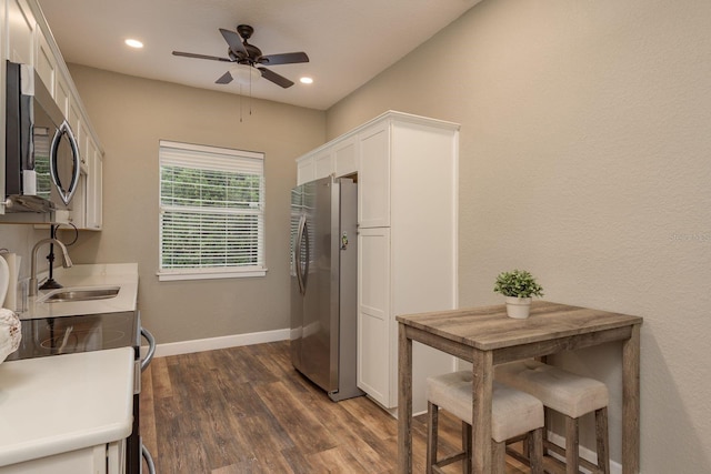 11430 Trotting Down Dr, Odessa, FL 33556 - kitchen featuring appliances with stainless steel finishes, white cabinets, dark wood-type flooring, ceiling fan, and recessed lighting
