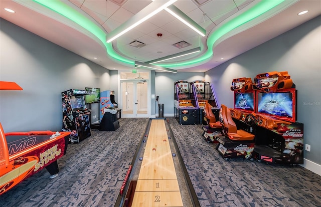 6162 Winding Pine Dr, Nokomis, FL 34275 - recreation room with a raised ceiling, carpet floors, recessed lighting, and a drop ceiling