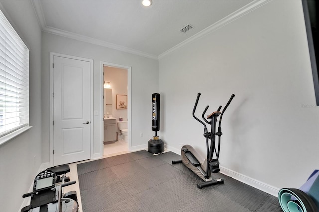 5971 Hidden Branch Dr, Apollo Beach, FL 33572 - workout room featuring ornamental molding and recessed lighting