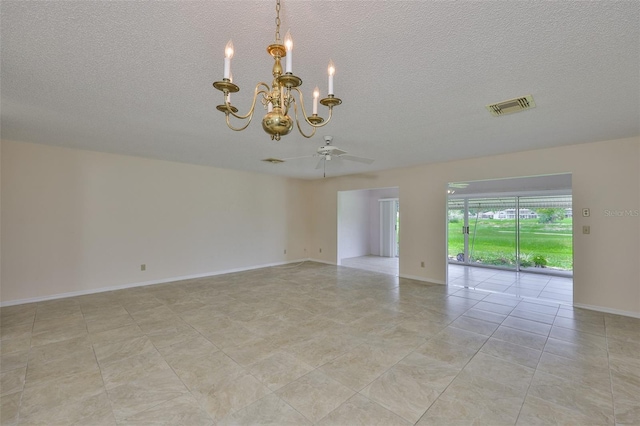 2609 Lancaster Dr, Sun City Center, FL 33573 - empty room with a chandelier, a textured ceiling, and ceiling fan