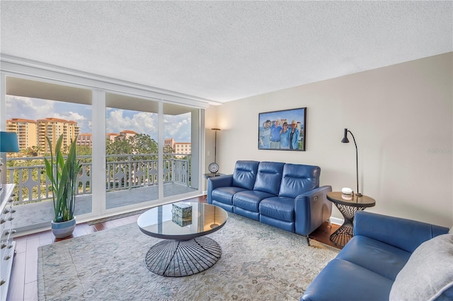 700 Beach Dr NE Unit 602, Saint Petersburg, FL 33701 - living room with expansive windows, wood finished floors, and a textured ceiling