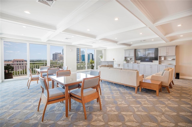 700 Beach Dr NE Unit 602, Saint Petersburg, FL 33701 - carpeted dining room featuring coffered ceiling, beam ceiling, and recessed lighting