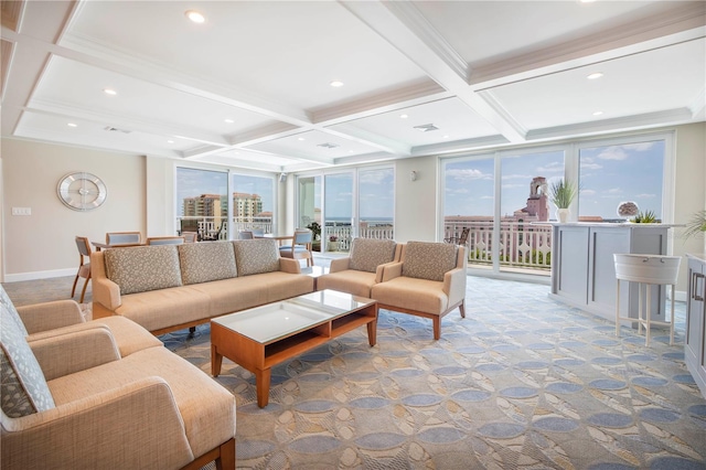 700 Beach Dr NE Unit 602, Saint Petersburg, FL 33701 - carpeted living area featuring coffered ceiling, beamed ceiling, and recessed lighting