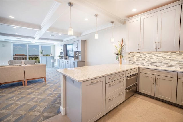 700 Beach Dr NE Unit 602, Saint Petersburg, FL 33701 - kitchen with a peninsula, beamed ceiling, decorative backsplash, coffered ceiling, and light stone counters