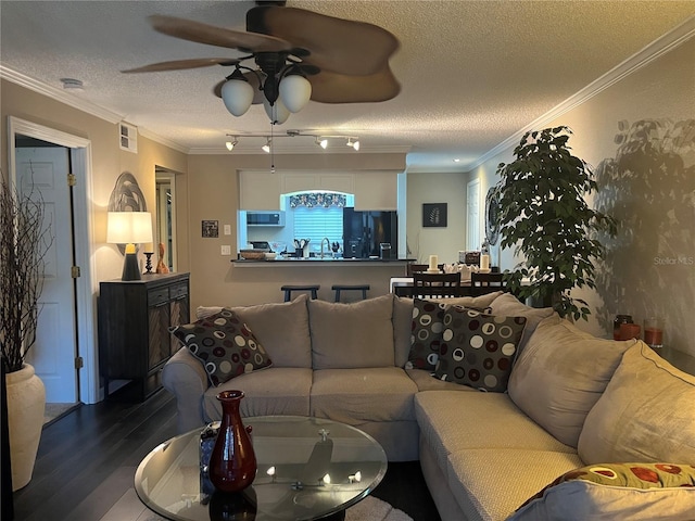 2500 Winding Creek Blvd Unit B105, Clearwater, FL 33761 - living room featuring a ceiling fan, wood finished floors, a textured ceiling, and ornamental molding