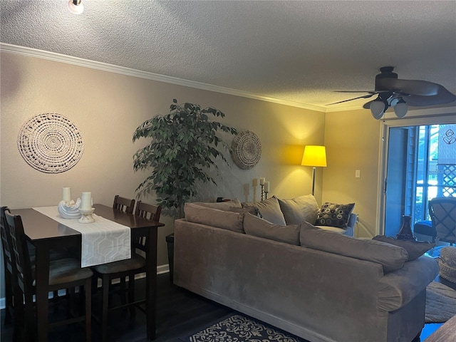2500 Winding Creek Blvd Unit B105, Clearwater, FL 33761 - living area featuring a textured ceiling, a ceiling fan, crown molding, and dark wood finished floors