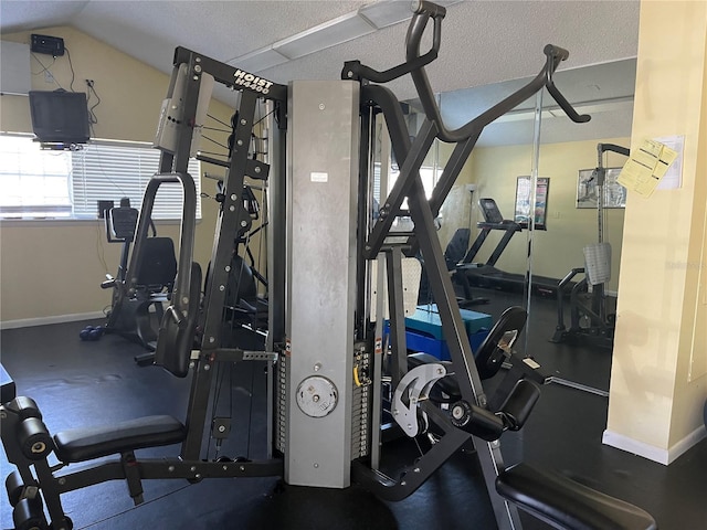 2500 Winding Creek Blvd Unit B105, Clearwater, FL 33761 - exercise room with a textured ceiling and lofted ceiling